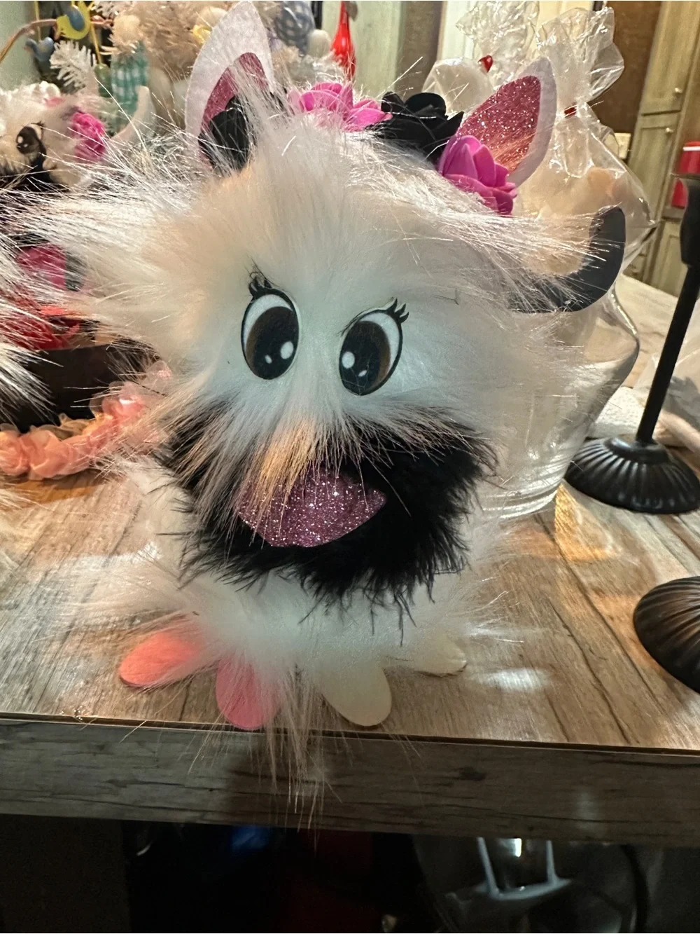 Plush Fluffy Cat Toy with Pink Bow - Soft White and Pink EACH